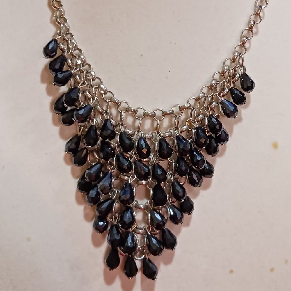 Handmade Silver Tone Black Onyx Waterfall Chainmail Bib Statement Necklace - Picture 10 of 11